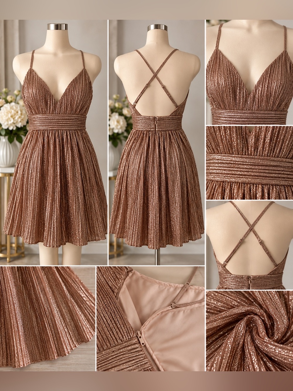 Trixxi Rose Gold Metallic Pleated Mini Dress – Strappy Party Cocktail Dress L